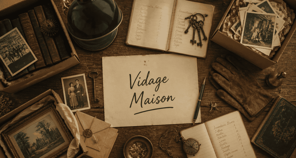 Vue flat-lay vidage maison avec cartons et objets anciens