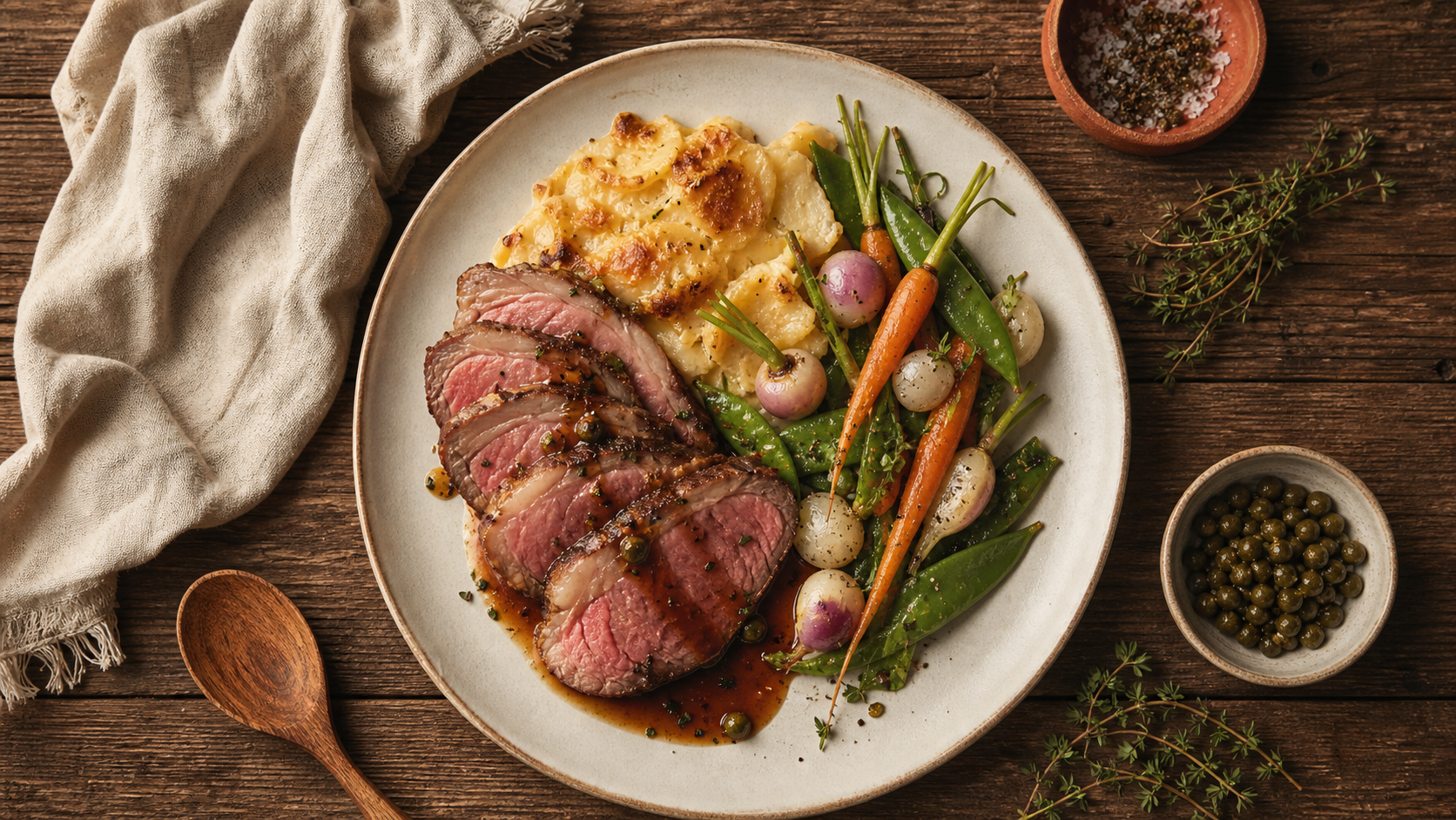 Accompagnement gigot d’agneau avec gratin dauphinois et légumes primeur