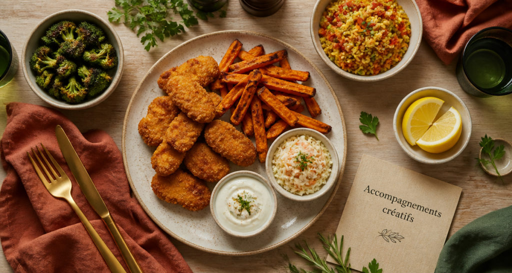 accompagnement nuggets avec assiette nuggets, frites patate douce, coleslaw