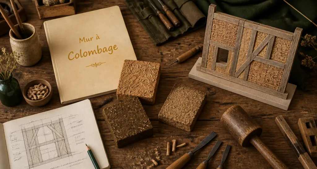 atelier ancien avec outils et maquette mur colombage