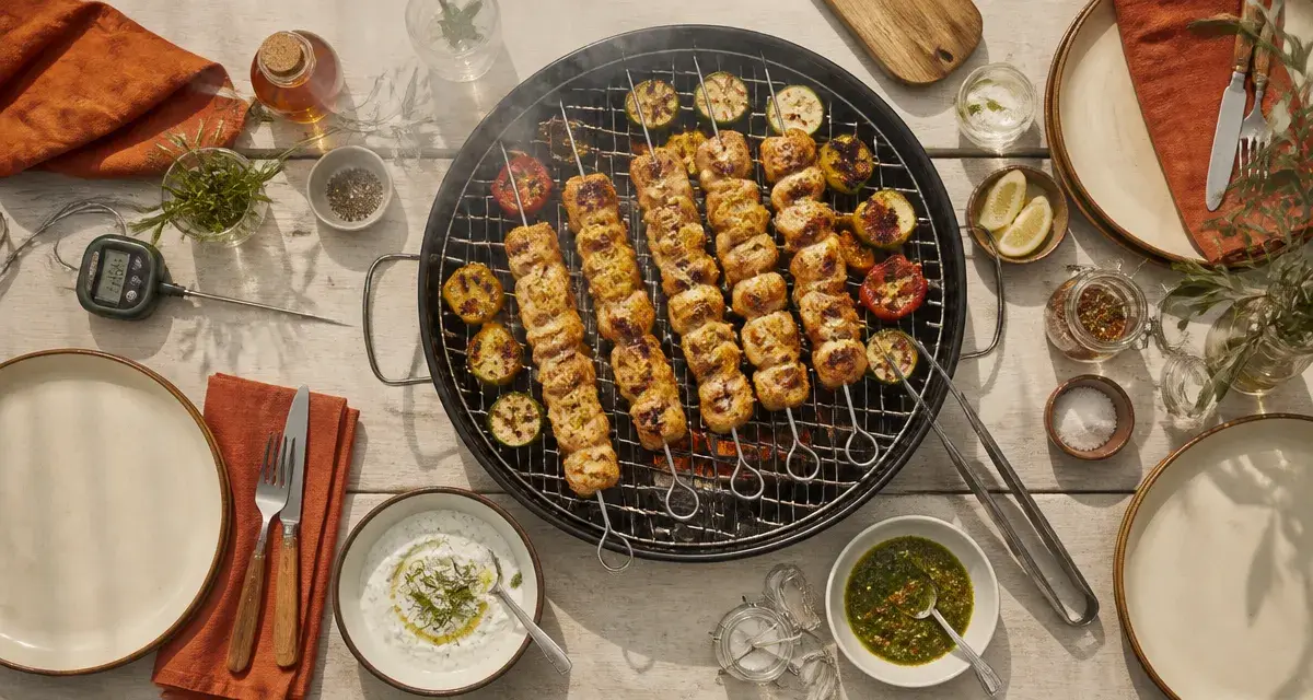 Barbecue entre amis avec grille fumante, brochettes et légumes grillés