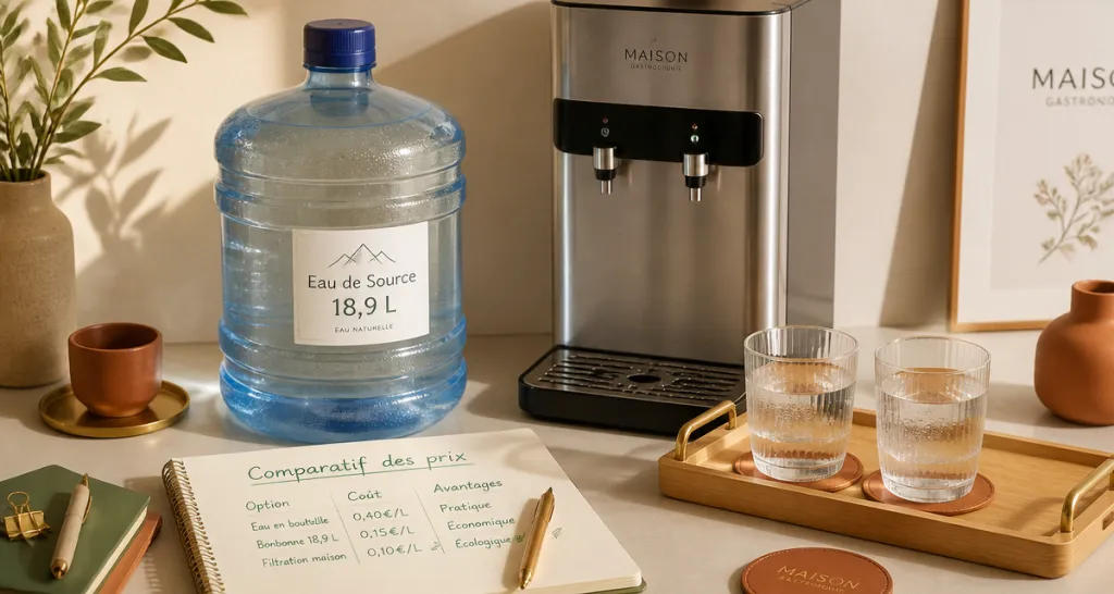 bonbonne d'eau prix sur bureau avec verres et distributeur