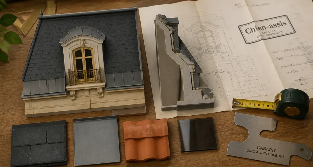 Maquette de chien assis maison sur toiture en ardoise, coupe d’étanchéité visible