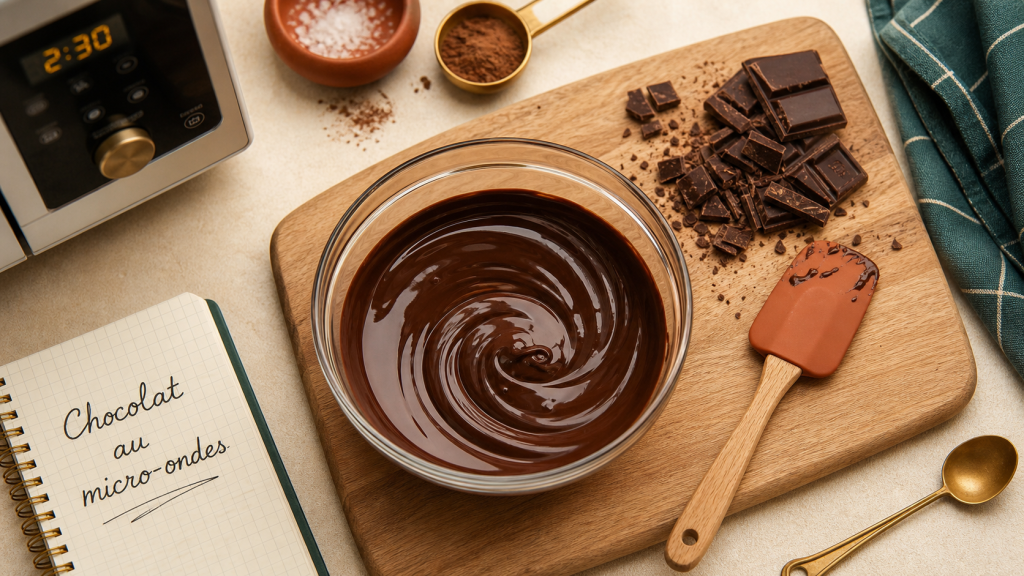Comment faire fondre du chocolat au micro ondes : bol de chocolat noir fondu lisse et brillant