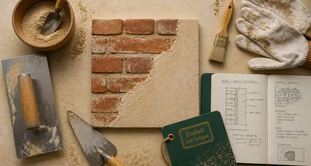 Enduit sur brique et outils artisan