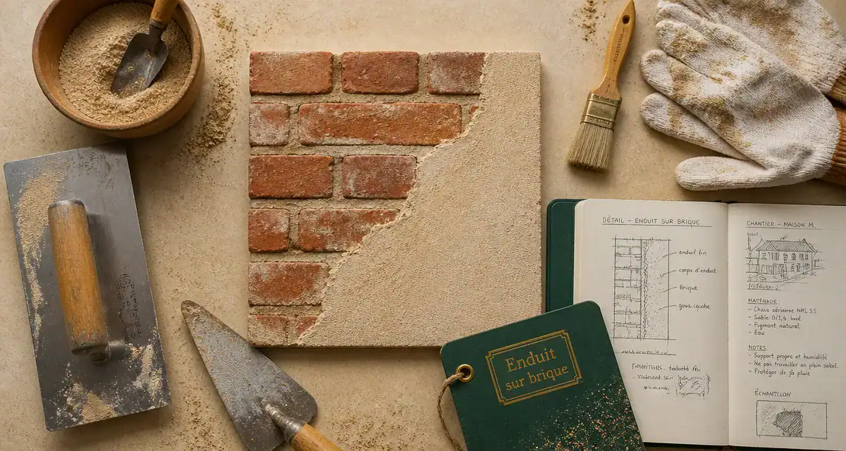 Enduit sur brique et outils artisan