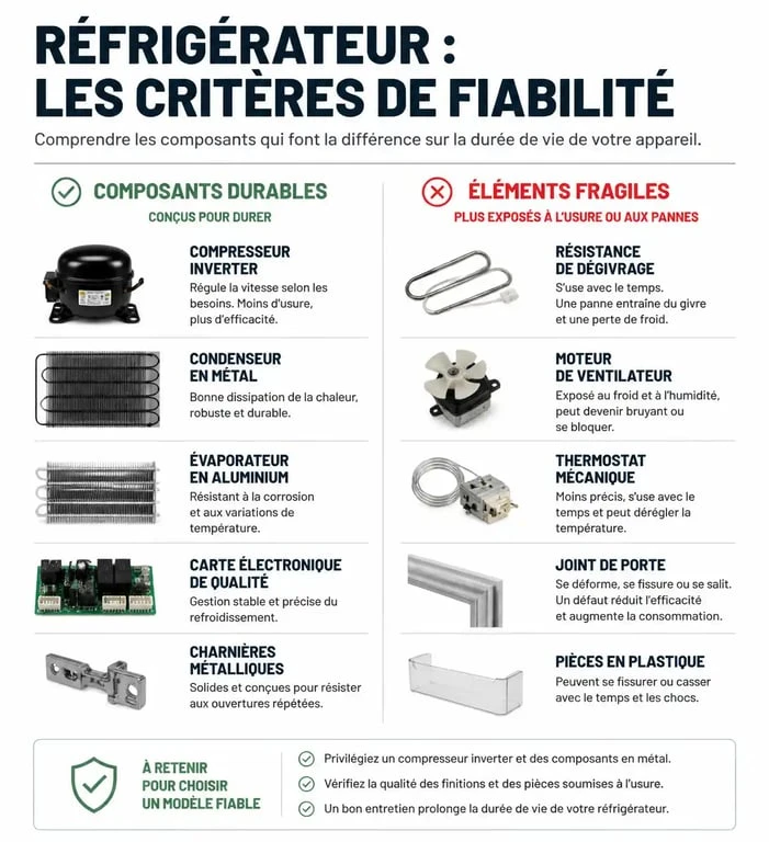 Infographie des critères de fiabilité pour choisir un réfrigérateur et éviter les marques à problèmes