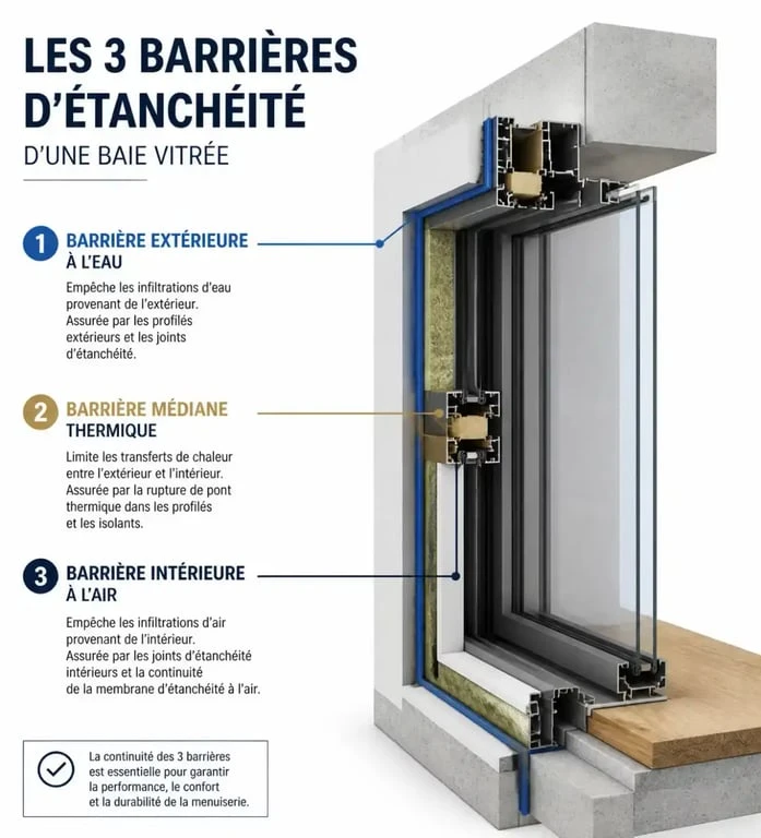 Schéma technique des trois barrières d'étanchéité pour l'installation d'une baie vitrée