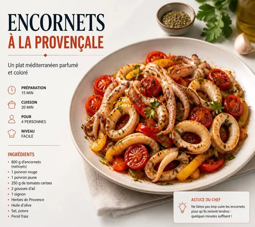 Plat d'encornets à la provençale avec poivrons et tomates, idéal comme accompagnement encornets