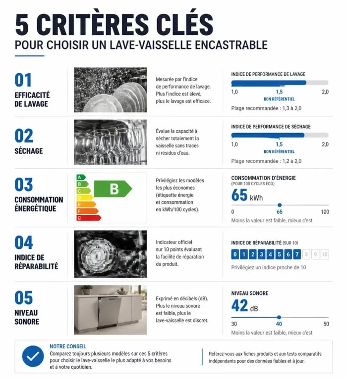 Infographie des critères de choix pour un lave-vaisselle encastrable selon 60 Millions de consommateurs