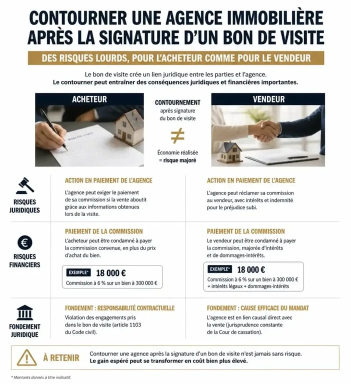 Infographie des risques juridiques liés au contournement d'un bon de visite en agence immobilière