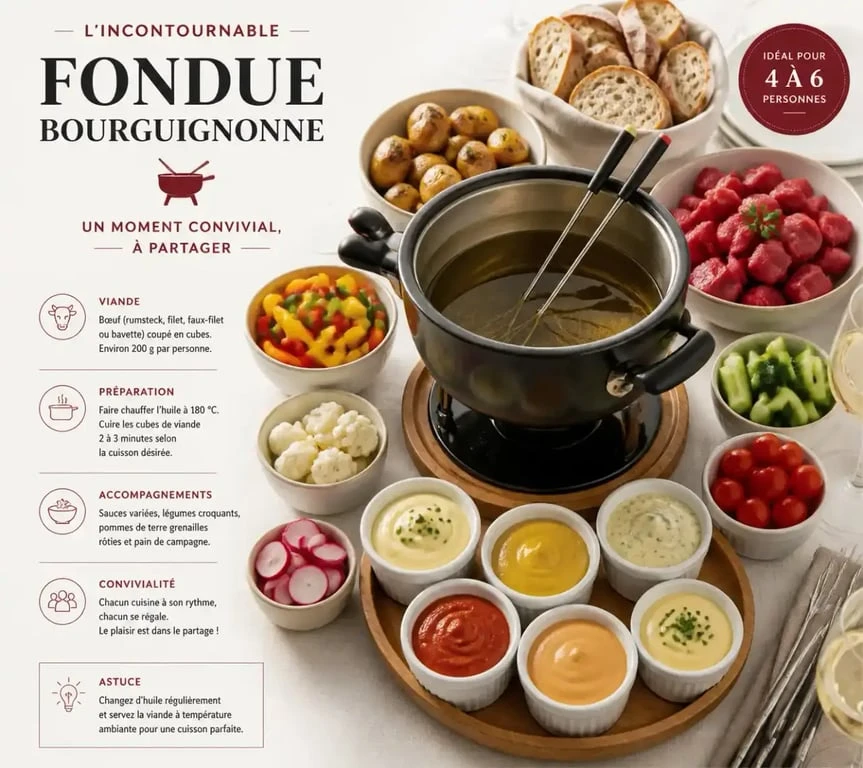 Table dressée pour une fondue bourguignonne avec ses accompagnements variés, sauces et légumes