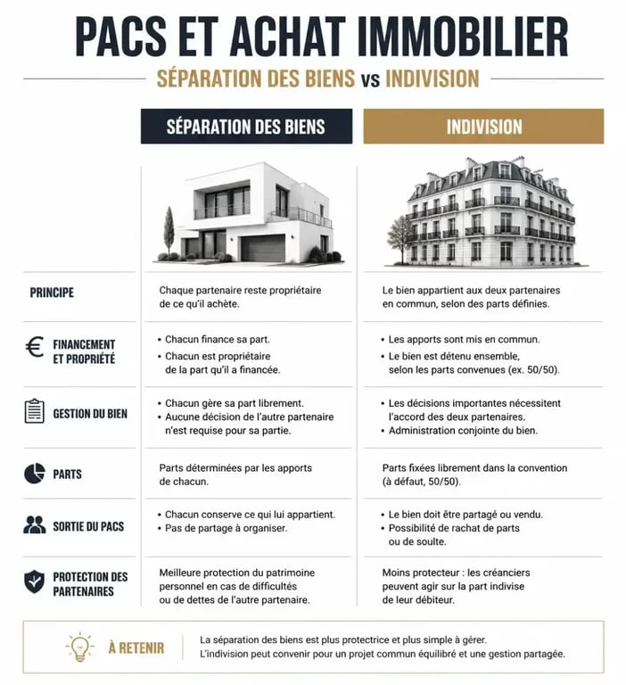 Comparatif des régimes de PACS pour un achat immobilier : séparation des biens vs indivision