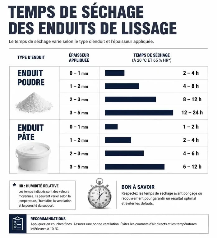Tableau récapitulatif du temps de séchage enduit lissage avant ponçage selon le type d'enduit