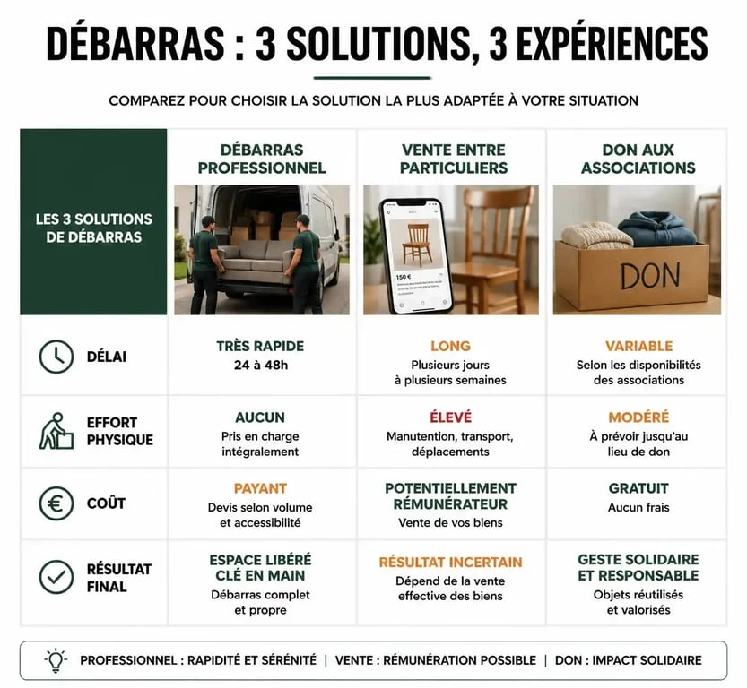 Tableau comparatif des solutions de vide maison 65 : professionnel, vente entre particuliers ou don aux associations.