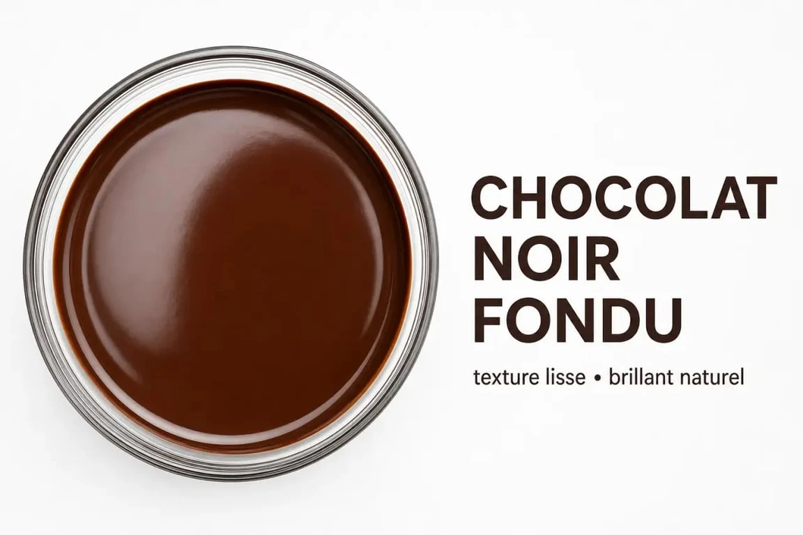 Chocolat noir fondu au micro-ondes dans un bol en verre, texture lisse et brillante
