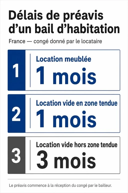 Infographie des délais de préavis pour un bail d'habitation : location vide ou meublée et délai de rétractation bail.