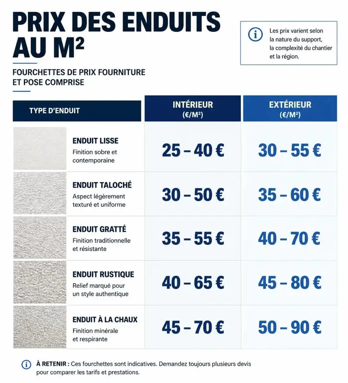 Tableau comparatif des prix de l'enduit au m2 pour travaux intérieurs et façades extérieures