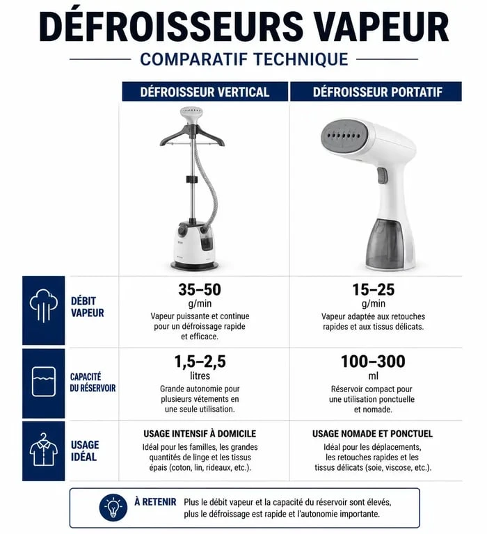 Infographie comparative des caractéristiques techniques entre défroisseur vapeur vertical et portatif pour aider au choix du meilleur modèle.