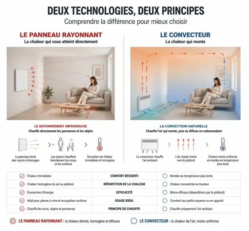Schéma comparatif du fonctionnement d'un panneau rayonnant par rapport à un convecteur électrique
