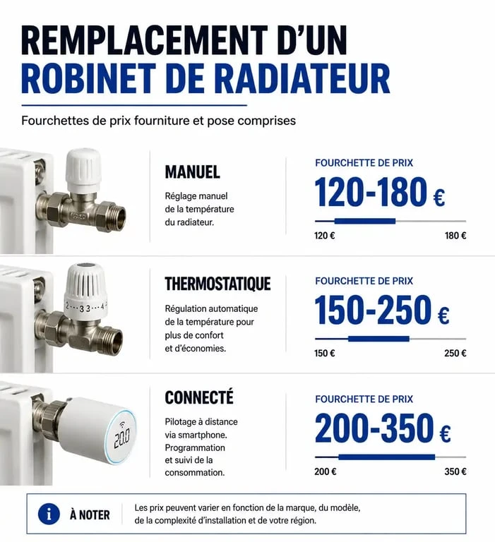 Infographie des prix moyens pour le changement d'un robinet de radiateur par un plombier