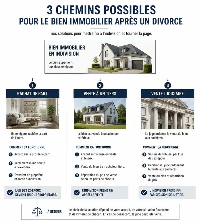 Schéma des options de sortie d'indivision et divorce : rachat de soulte, vente ou procédure judiciaire