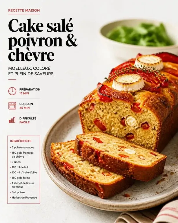 Tranches de cake poivron chèvre maison sur une assiette, recette facile et gourmande