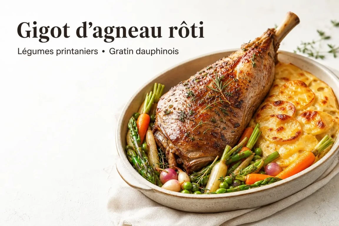 Gigot d'agneau rôti accompagné de légumes printaniers et gratin dauphinois pour un repas festif