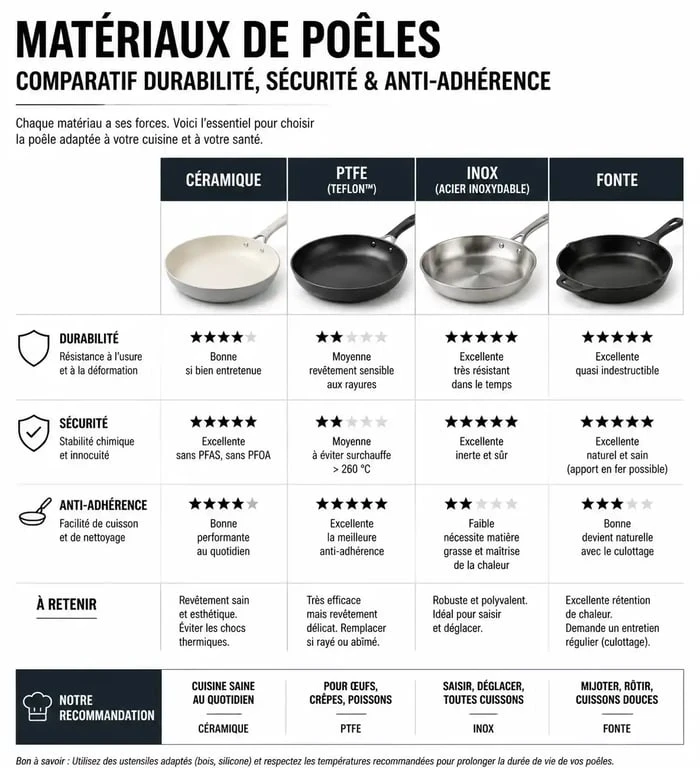 Infographie comparative des avantages et inconvénients des poêles en céramique, PTFE, inox et fonte pour choisir son matériel de cuisson.