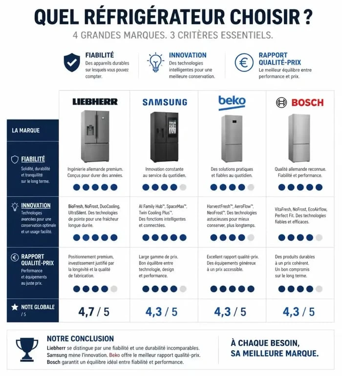 Comparatif des meilleures marques de réfrigérateurs : fiabilité, innovation et rapport qualité-prix