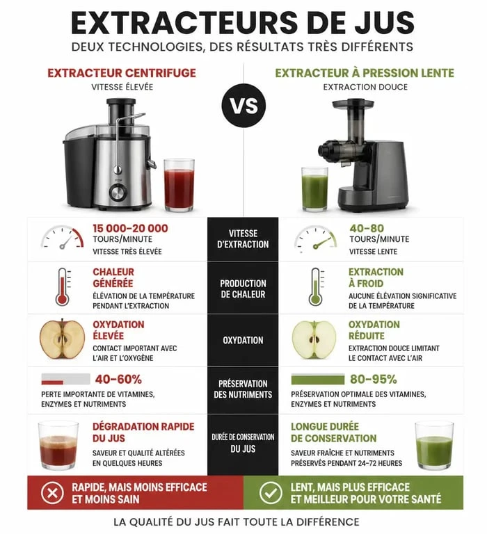 Infographie comparative : différence entre centrifugeuse et extracteur de jus pour la préservation des nutriments
