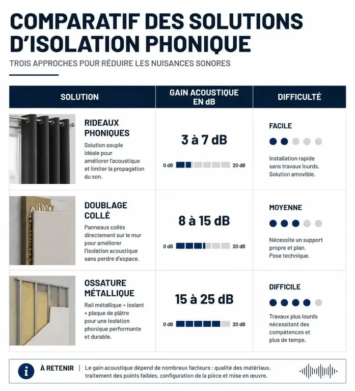 Tableau comparatif des solutions pour isoler phoniquement une pièce : gain acoustique et difficulté des travaux
