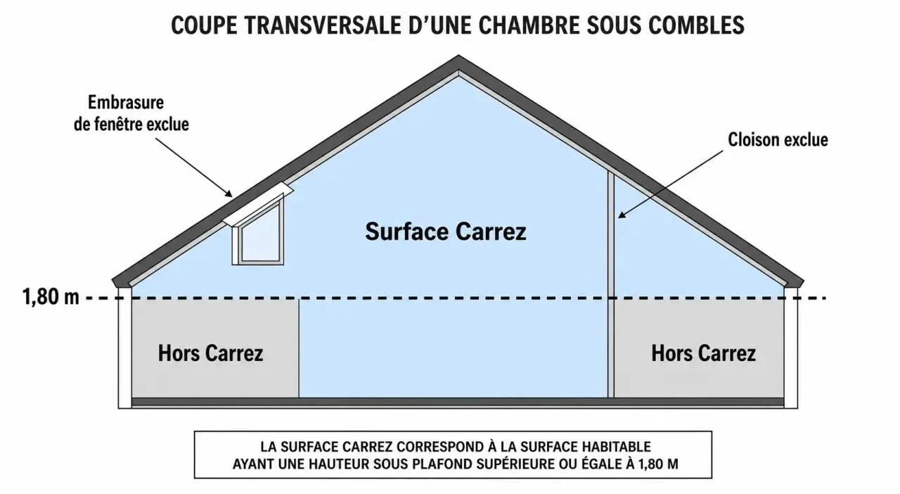 Schéma explicatif du calcul de la surface loi Carrez dans une chambre avec règle des 1,80m