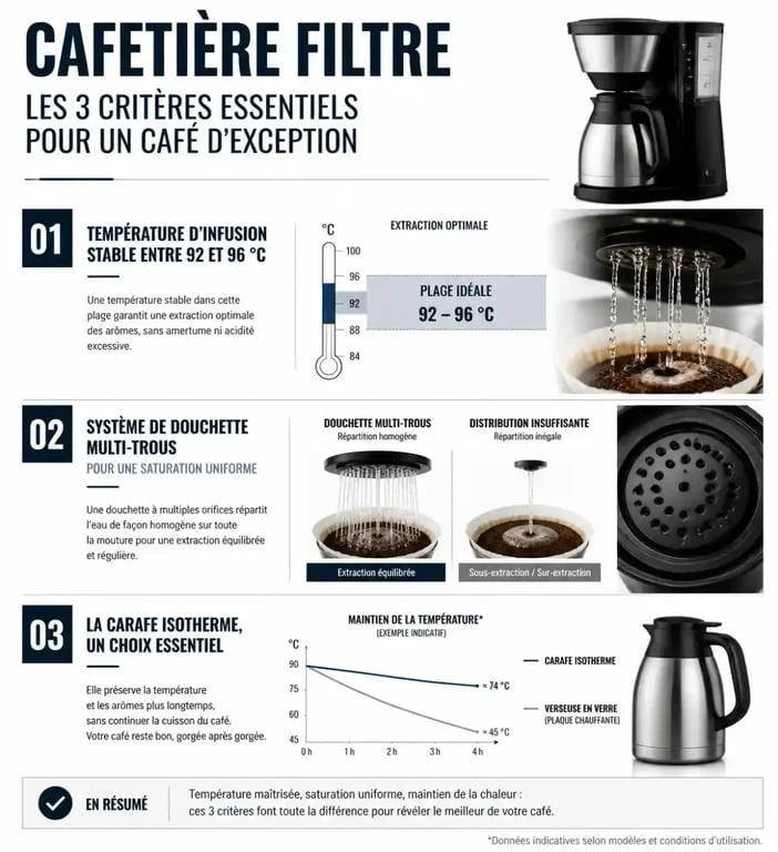 Infographie des critères techniques pour choisir la meilleure cafetière filtre