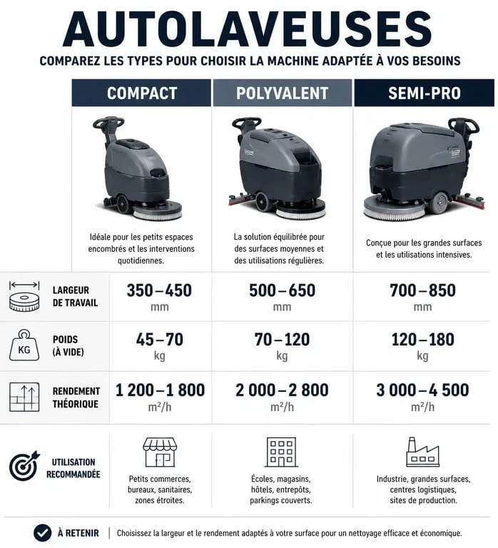Infographie comparative des caractéristiques techniques pour choisir la meilleure autolaveuse pour particulier