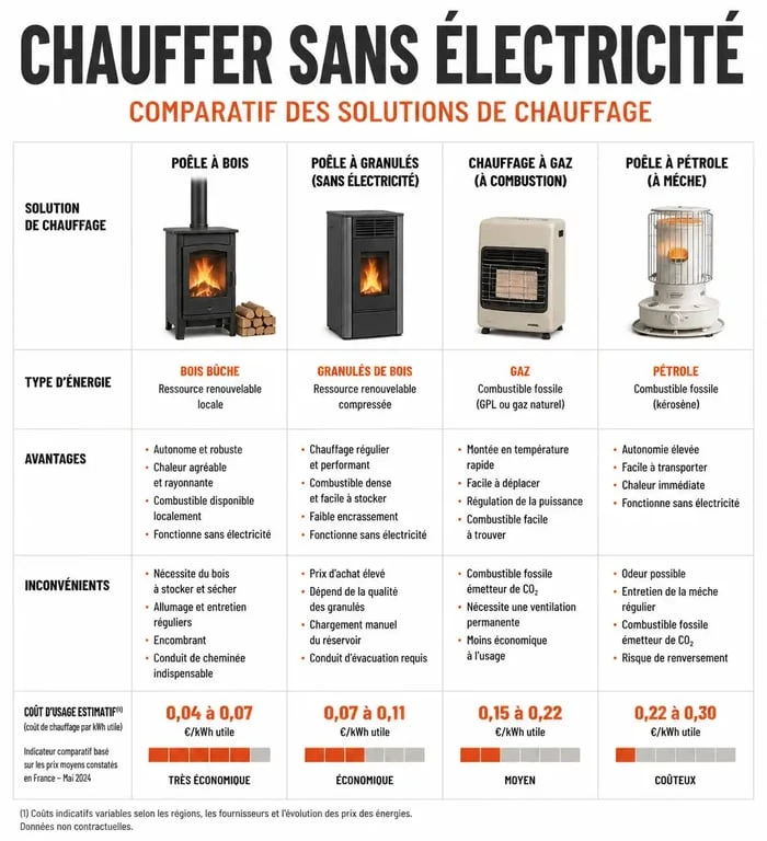Comparatif des solutions pour chauffer une pièce sans électricité : bois, pétrole, gaz et astuces passives