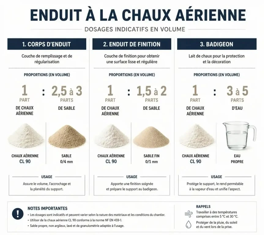 Tableau des dosages pour enduit à la chaux aérienne : corps d'enduit, finition et badigeon.