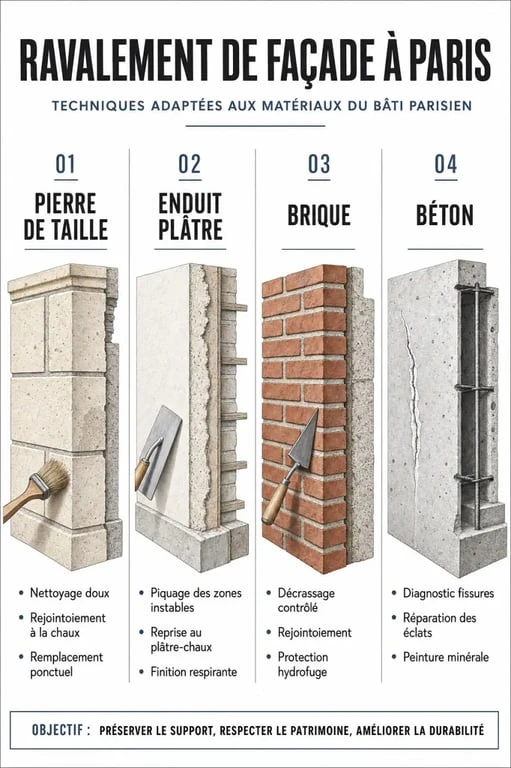 Infographie des techniques de ravalement de façade à Paris selon le matériau