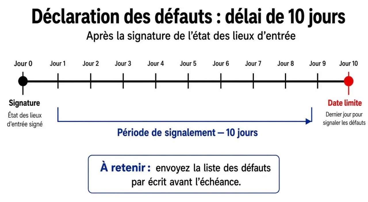 Infographie illustrant le délai de 10 jours pour modifier l'état des lieux d'entrée d'un logement