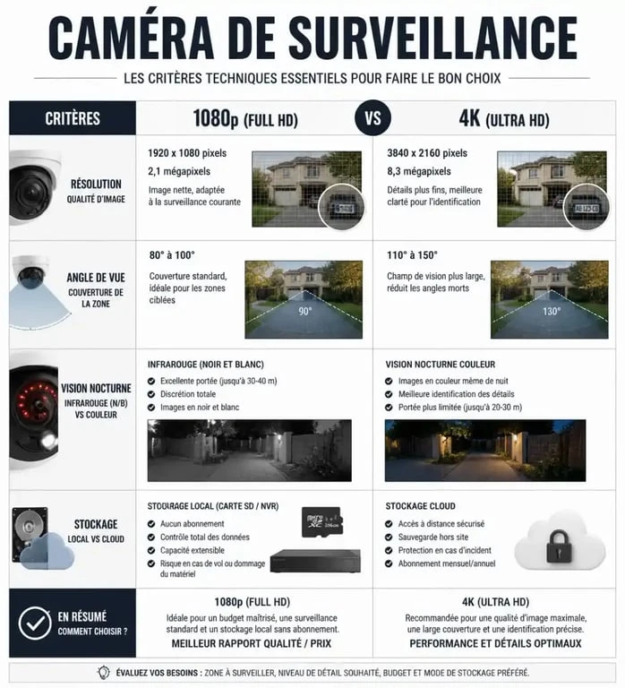 Infographie comparative des critères techniques pour choisir sa caméra de surveillance