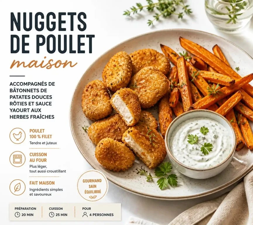 Assiette gourmande avec nuggets de poulet maison et accompagnement de patates douces rôties