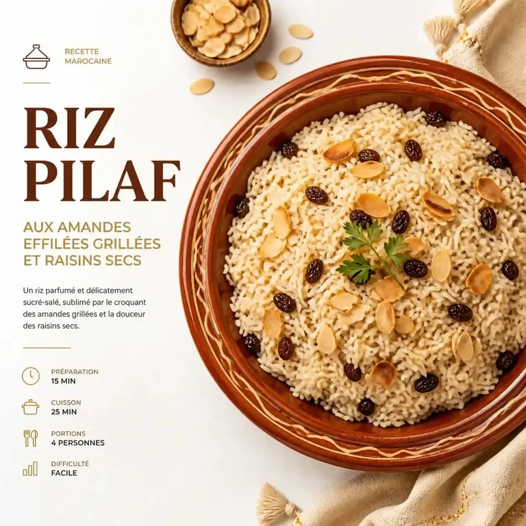 Riz pilaf aux amandes et raisins secs, l'accompagnement idéal pour un tajine marocain