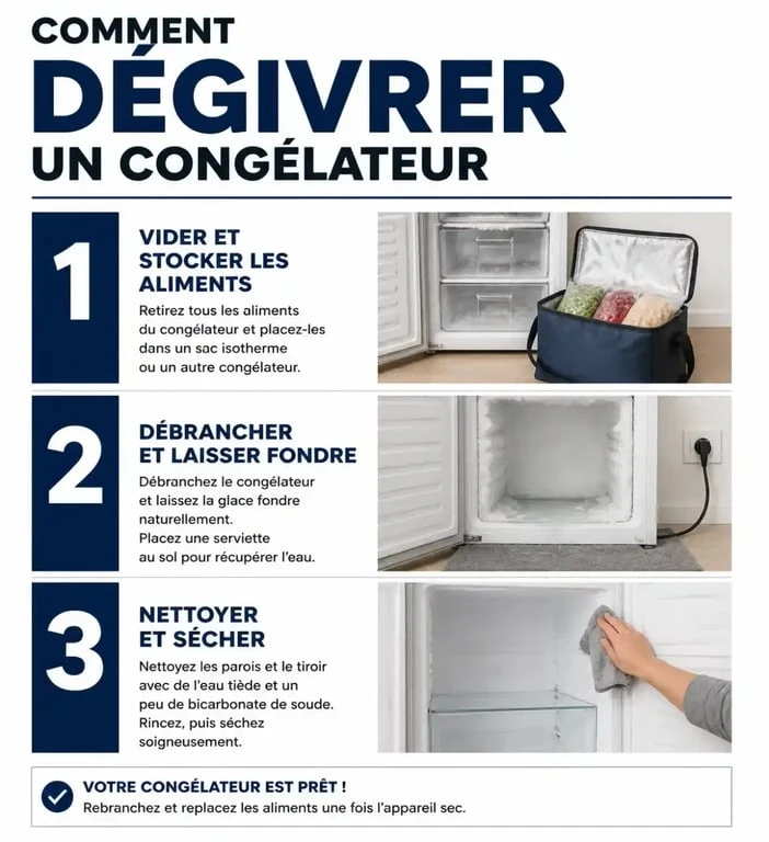 Infographie montrant les étapes pour comment dégivrer un congélateur efficacement