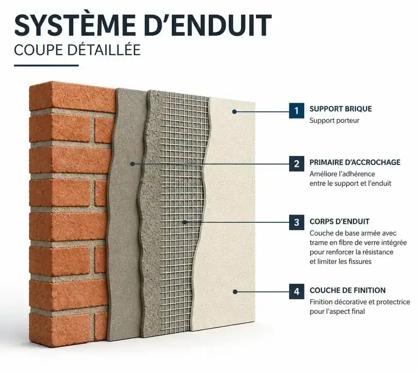Schéma technique des couches d'enduit sur un mur en brique pour une rénovation durable