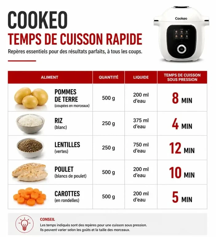 Tableau récapitulatif des temps de cuisson rapide au Cookeo pour divers aliments