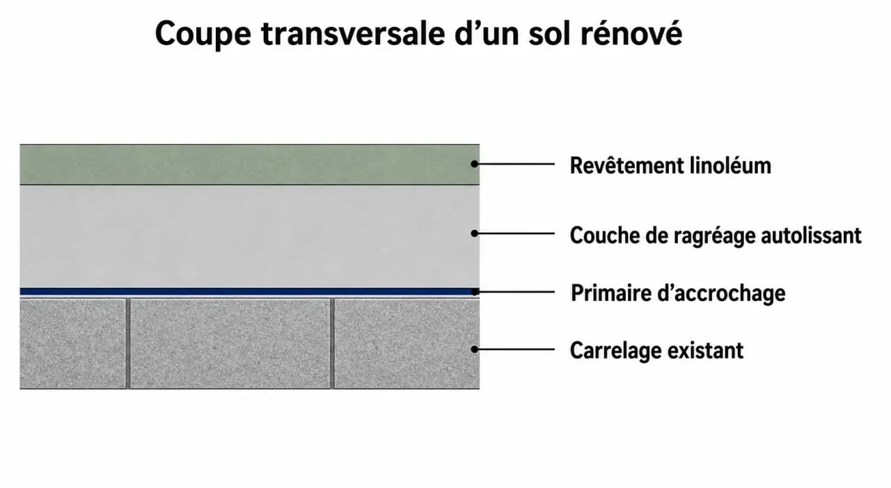 Schéma technique des couches pour poser du lino sur carrelage