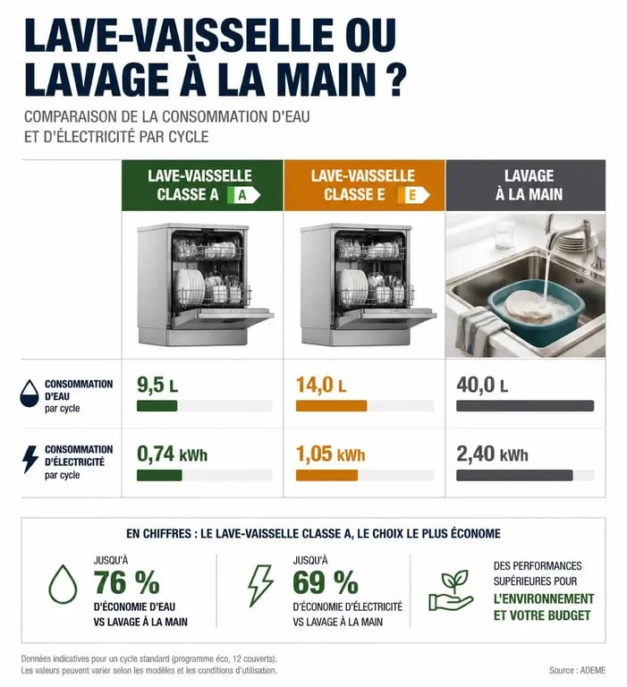 Infographie comparative de la consommation d'eau et d'électricité d'un lave-vaisselle selon sa classe énergétique par rapport au lavage à la main