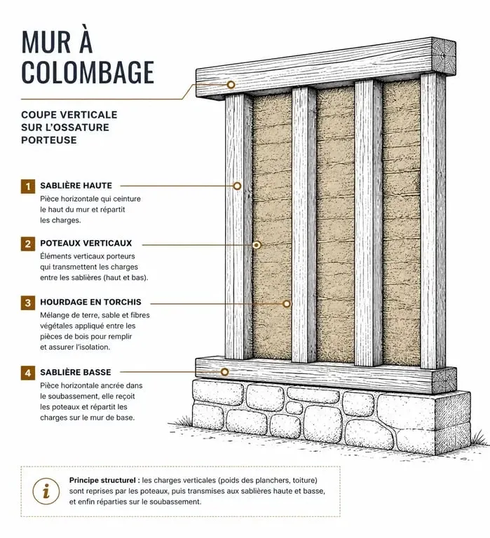 Schéma technique d'un mur à colombage montrant l'ossature bois et le hourdage