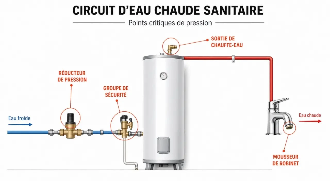 Schéma technique des causes de perte de pression d'eau chaude dans une installation domestique
