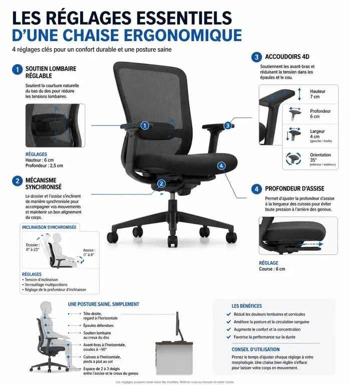 Schéma des réglages d'une chaise ergonomique pour le choix de la meilleure chaise ergonomique 2025
